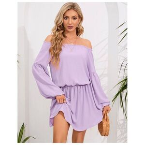 NWOT Womens Kojooin Lilac Off Shoulder Lantern Swing Mini Dress - Sz L
